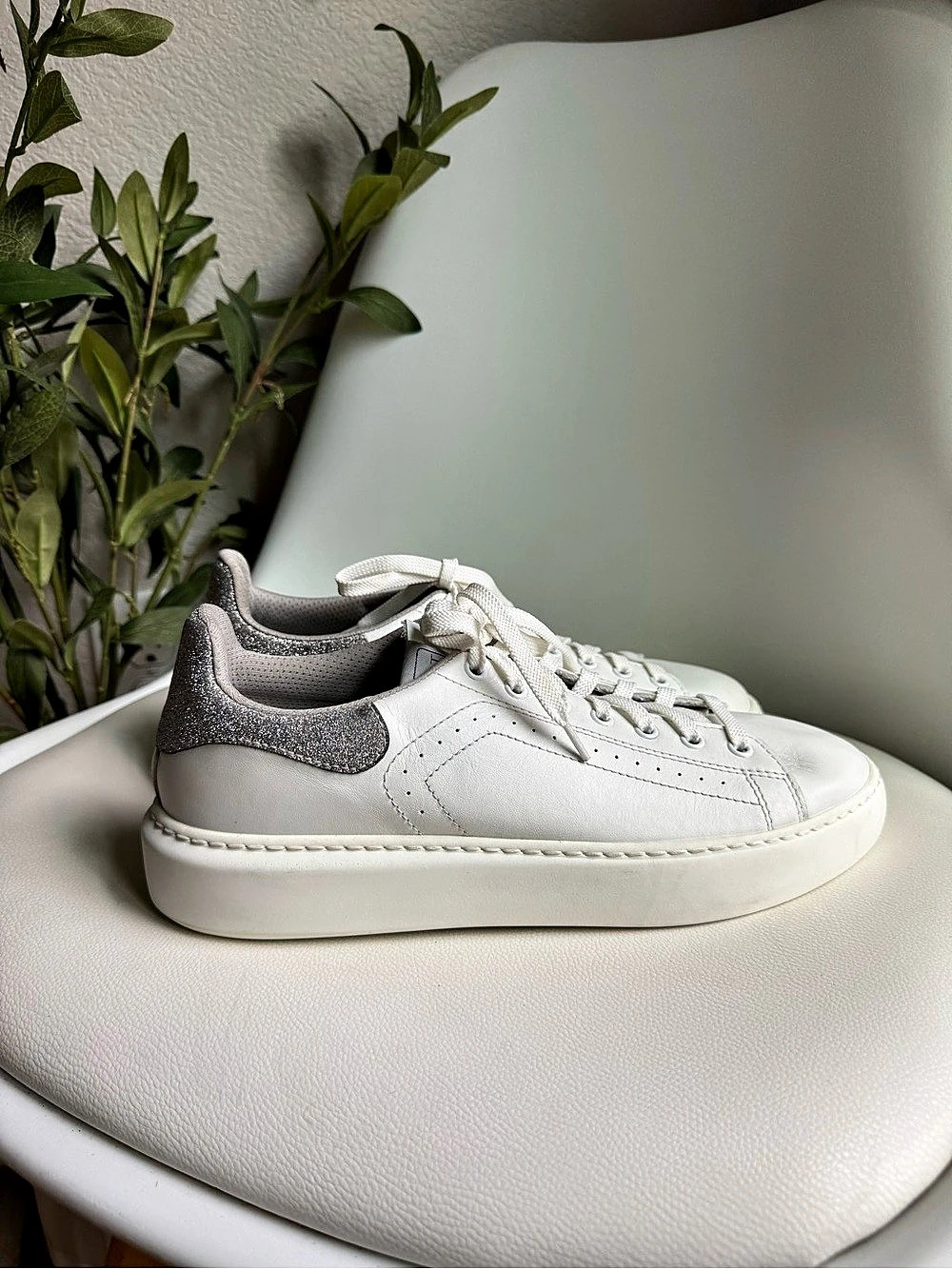 Font Firenze White Leather Platform Sneakers EU 40/9.5 Silver Glitter Italy